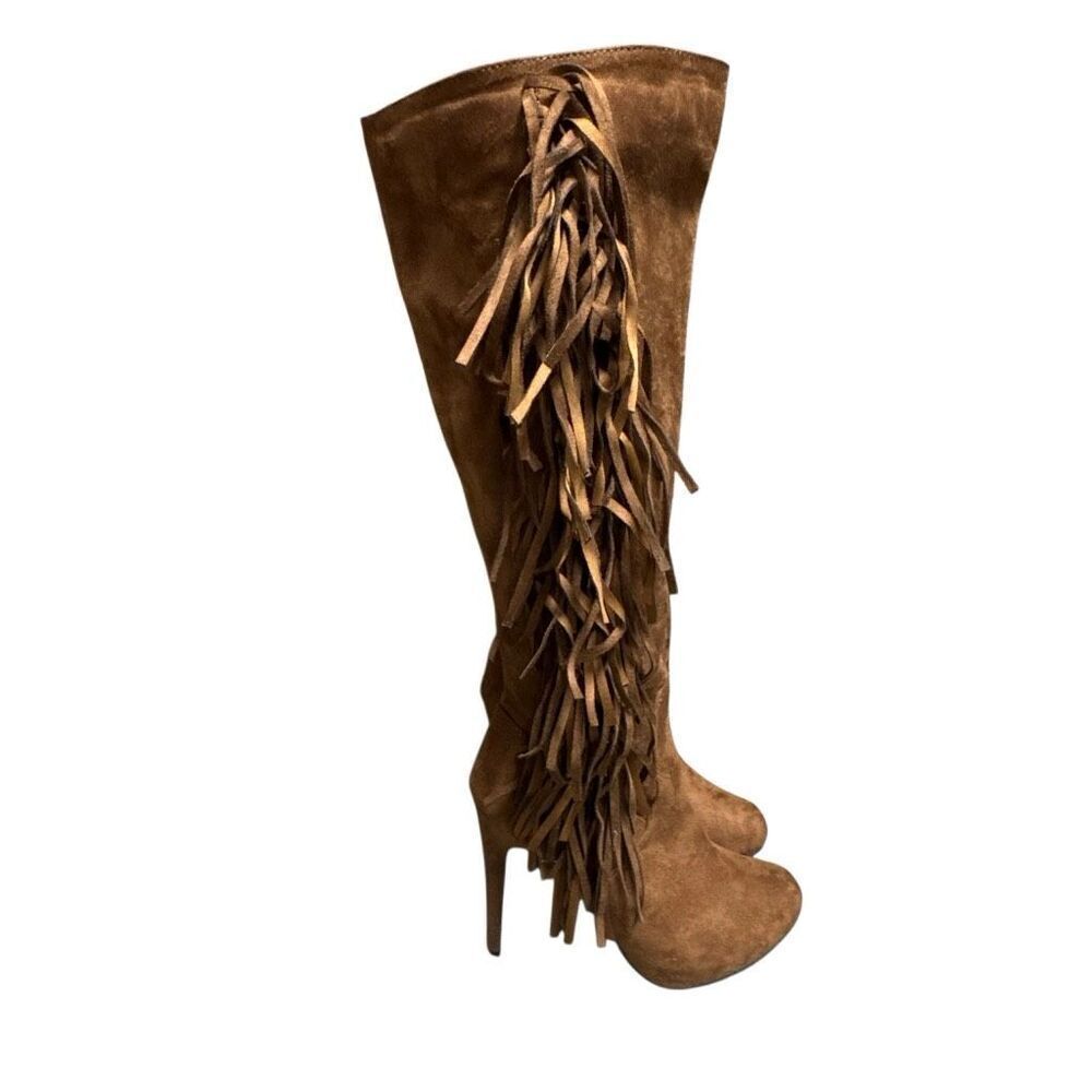 Breckelle’s Women’s Brown Faux Leather Fringe Heeled Tall Boots Size 8